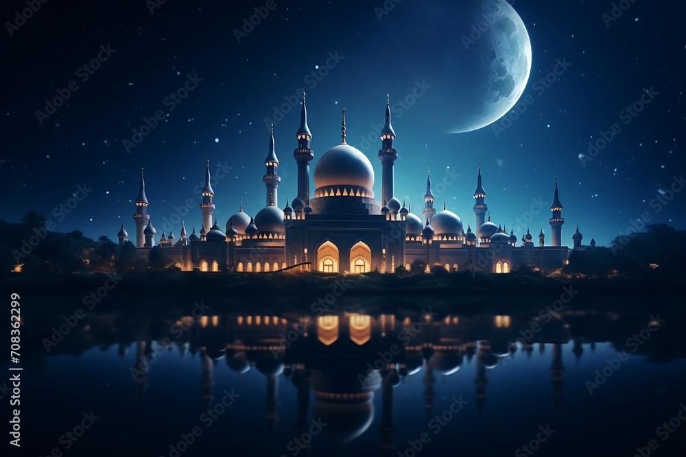 a beautiful mosque at night time