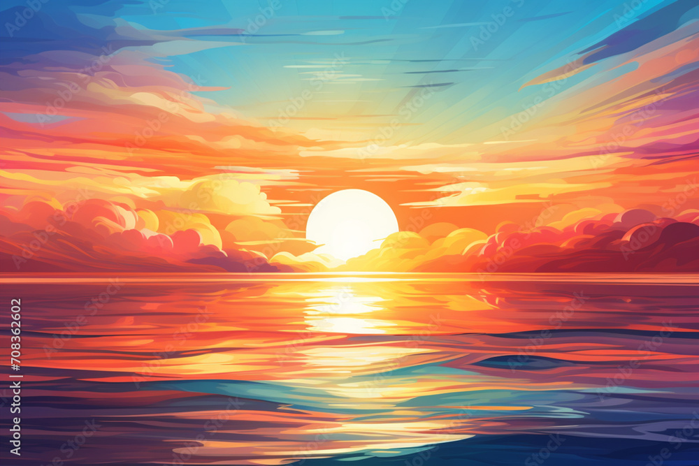Contemporary, abstract rendering of a sunrise over the ocean.