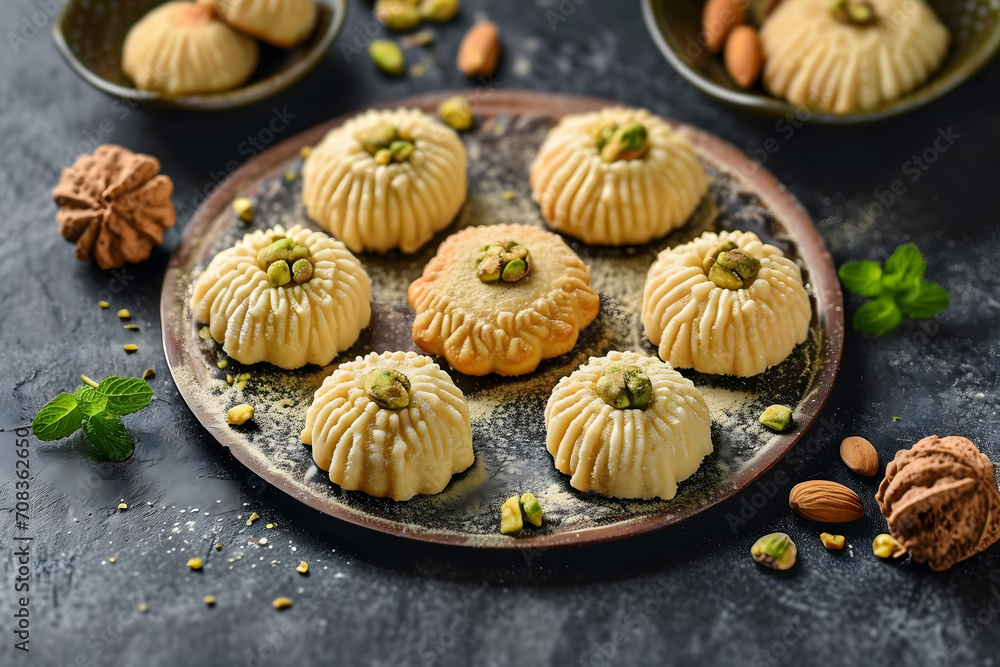 Fototapeta premium Desserts Eid al-Fitr, Eid al Adha Kahk (Eid Cookies) Arabic filled Pistachio or nut, Ramadan