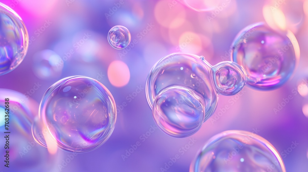 Liquid bubbles floating on blurred purple background. Holographic bubbles floating in mid-air. Liquid bubbles floating on blurred purple background. Holographic bubbles floating in mid-air.