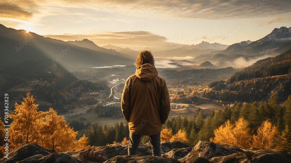 Man looking at a beautiful mountain landscape
