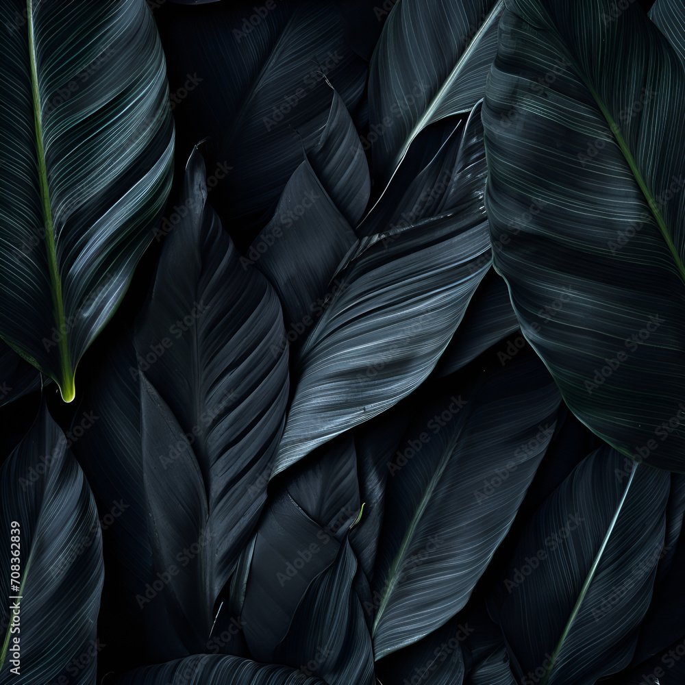 Fototapeta premium Textures of abstract black leaves for tropical leaf background. Flat lay, dark nature concept, tropical leaf, digital ai
