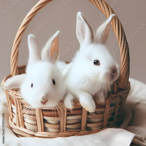 Cute little white rabbits in a wicker basket on a light background, adorable easter bunny wallpaper, generative ai