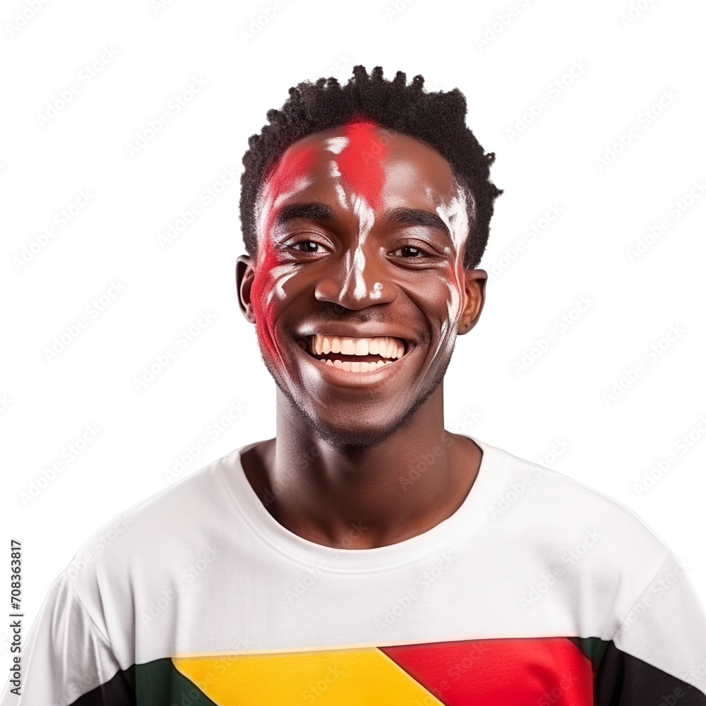 front view of a handsome man with his face painted with a Angola flag colors smiling isolated on a white transparent background front view of a handsome man with his face painted with a Angola flag colors smiling isolated on a white transparent background