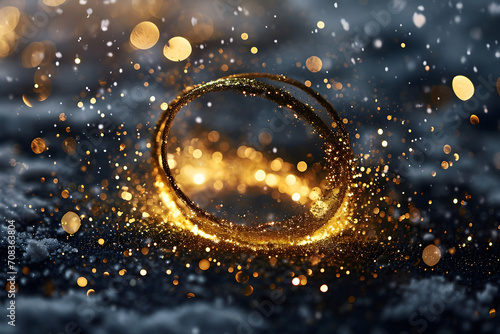Gold glitter circle of light shine sparkles and golden spark particles in circle frame on black background. Christmas magic stars glow, firework confetti of glittery ring shimmer  © fadi