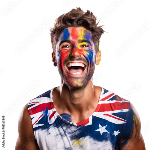front view of a handsome man with his face painted with a Australian flag colors smiling isolated on a white transparent background 