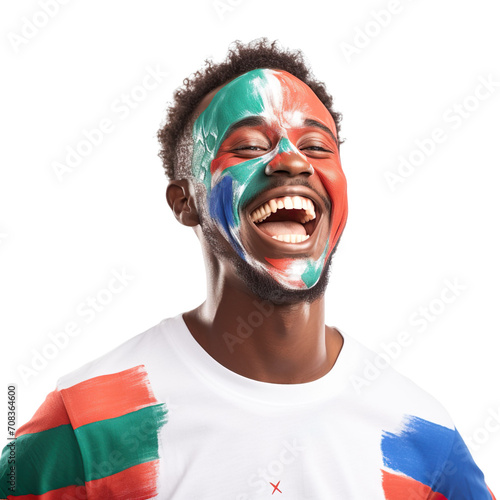 front view of a handsome man with his face painted with a Gambia flag colors smiling isolated on a white transparent background 