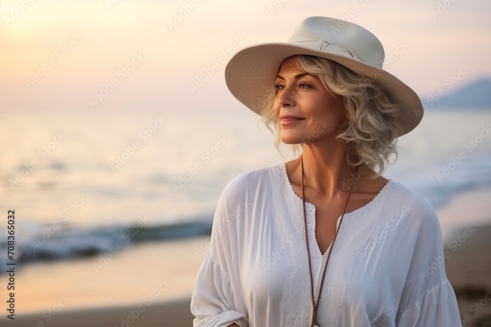 Portrait of a woman in a white hat, against the background of the setting sun on the seashore. A stylish mature lady looks at the sea and the horizon. The concept of travel and recreation.