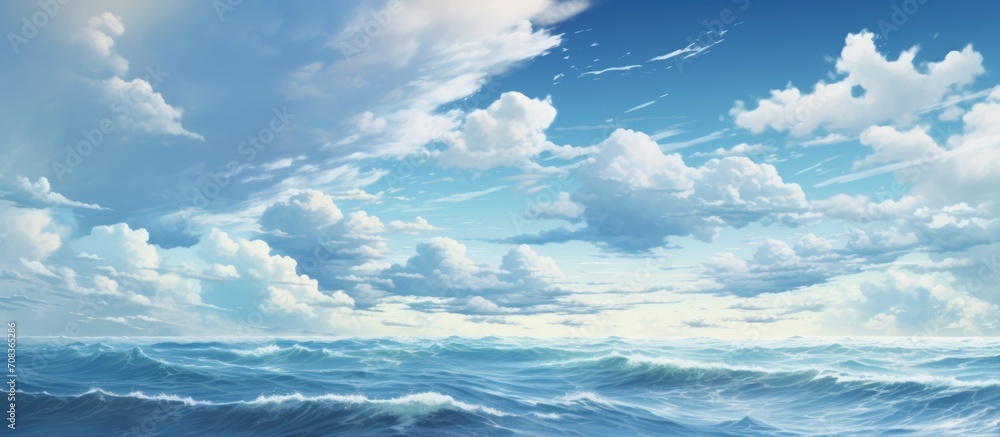 Fototapeta premium Clear blue sea with waves and cloudy sky.