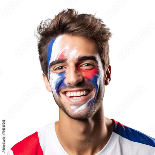 front view of a handsome man with his face painted with a Liechtenstein flag colors smiling isolated on a white transparent background 