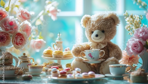 Teddy bear enjoying a birthday tea party, seated at a miniature table adorned with dainty cups, saucers, and a delectable spread of treats,
