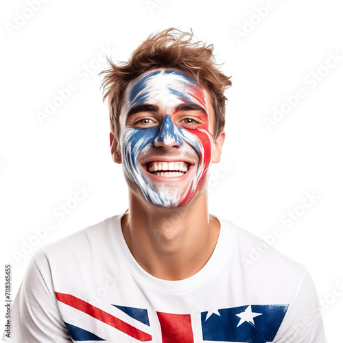 front view of a handsome man with his face painted with a New Zealand flag colors smiling isolated on a white transparent background 