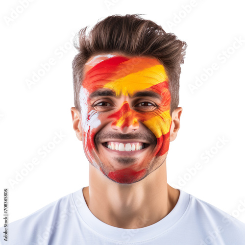 front view of a handsome man with his face painted with a North Macedonia flag colors smiling isolated on a white transparent background 