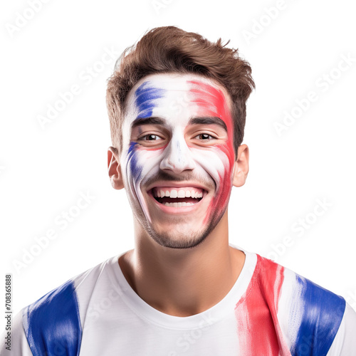 front view of a handsome man with his face painted with a Paraguay flag colors smiling isolated on a white transparent background 