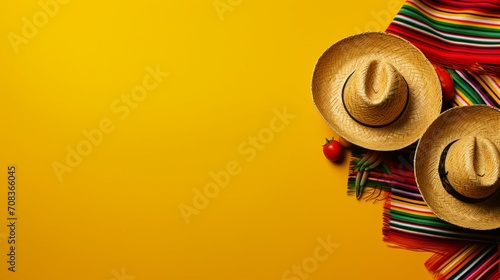 Cinco de Mayo Fiesta  Top View Photo of Colorful Celebration with Nacho Chips  Salsa  Tequila  and Sombrero Hats on Bright Yellow Background - Copyspace for Text and Promotional Content.