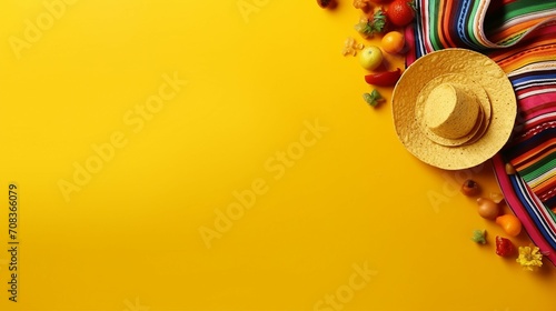 Cinco de Mayo Fiesta: Top View Photo of Colorful Celebration with Nacho Chips, Salsa, Tequila, and Sombrero Hats on Bright Yellow Background - Copyspace for Text and Promotional Content.