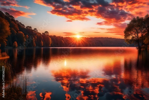 An image of a vibrant sunset over a serene lake, with colorful reflections shimmering on the water © Ayan