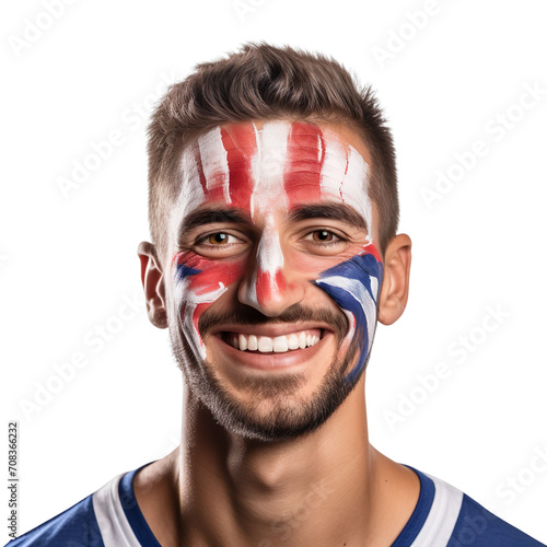 front view of a handsome man with his face painted with a Serbia flag colors smiling isolated on a white transparent background 