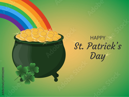 St. patricks day background. Festive background banner. Green cauldron of gold and multi-colored rainbow. Four leaf clover and happy st patrick's day text on green background. Hand drawn vector.