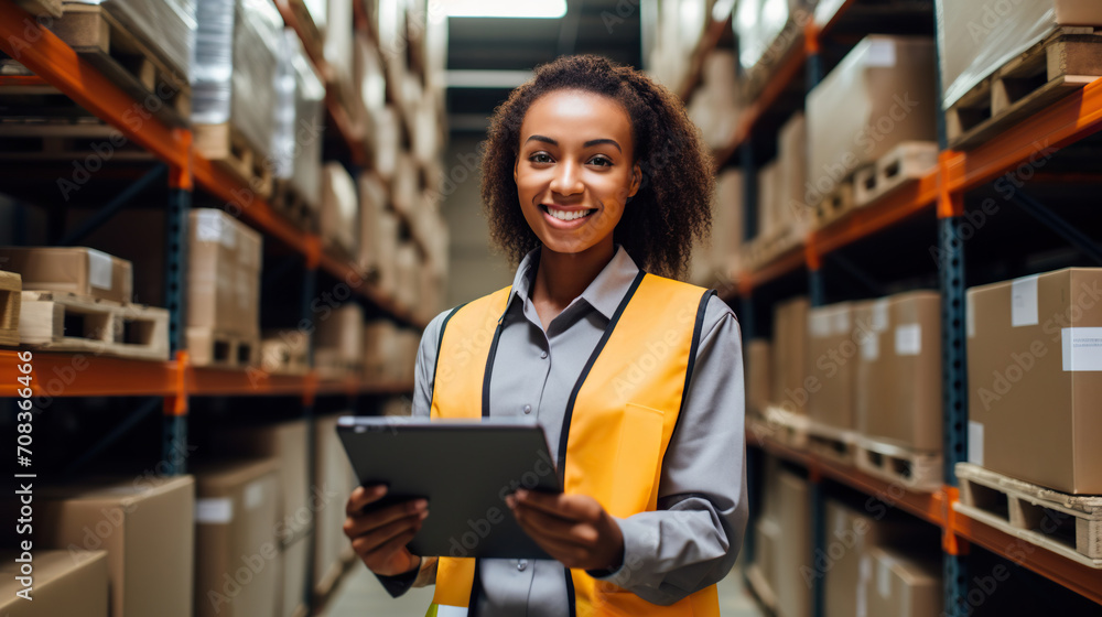Smiling young woman wearing a high-visibility vest on blurred background of a warehouse. Copy space Smiling young woman wearing a high-visibility vest on blurred background of a warehouse. Copy space