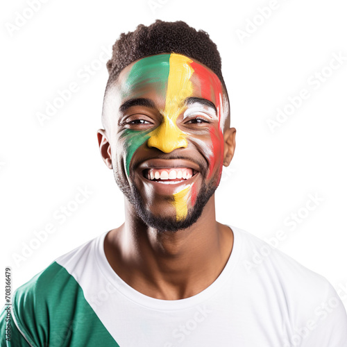 front view of a handsome man with his face painted with a South African flag colors smiling isolated on a white transparent background  photo