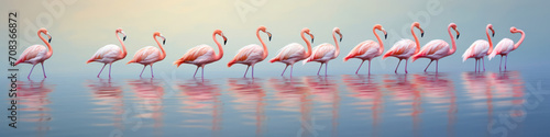 Flamingos wading in a row through shallow waters, their graceful necks and pink plumage creating a serene tableau