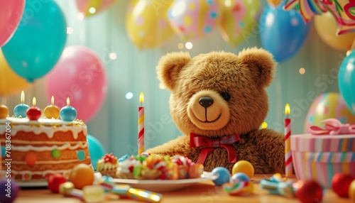 Teddy bear seated at a festive birthday table, surrounded by colorful balloons and a decadent birthday cake,