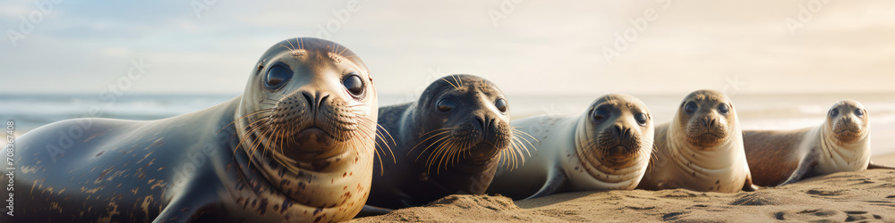 Fototapeta premium Seals lounging in a row on a sunlit beach, their whiskered faces and sleek bodies adding charm to the scene