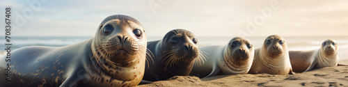 Seals lounging in a row on a sunlit beach,  their whiskered faces and sleek bodies adding charm to the scene © basketman23