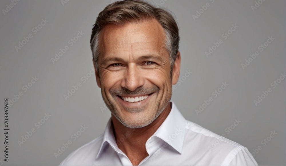 Happy middle aged business man entrepreneur, smiling mature professional executive manager, confident businessman leader investor wearing white shirt from Generative AI Happy middle aged business man entrepreneur, smiling mature professional executive manager, confident businessman leader investor wearing white shirt from Generative AI