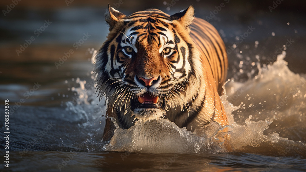 tiger gracefully walking through water