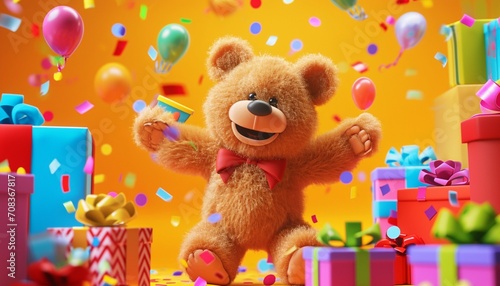 Teddy bear surrounded by colorful birthday presents, its fluffy arms outstretched in joy,