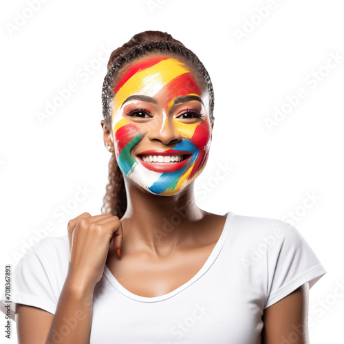 front view of a beautiful woman with her face painted with a Antigua and Barbuda flag colors smiling isolated on a white transparent background 