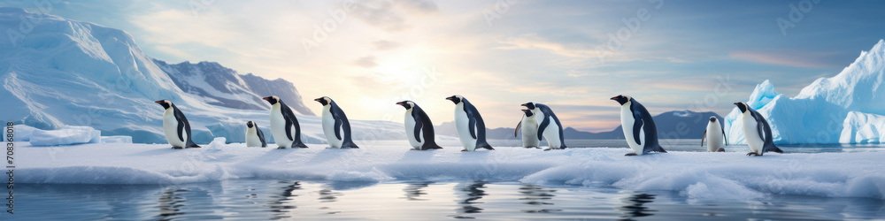 Obraz premium Penguins sliding in a row on icy slopes, their sleek bodies gliding effortlessly across the frozen landscape