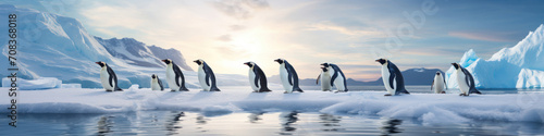 Penguins sliding in a row on icy slopes, their sleek bodies gliding effortlessly across the frozen landscape
