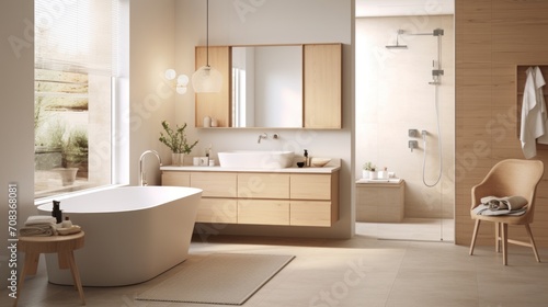 A Scandinavian-style bathroom with light wood tones  clean design  and simple aesthetics. photorealistic Generative AI