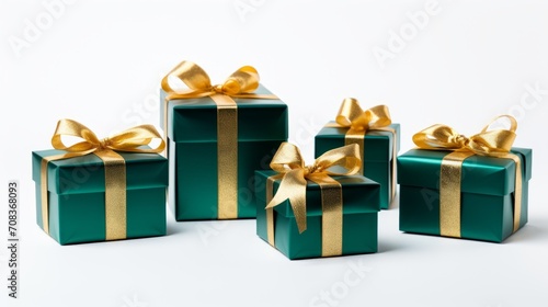 5 green gifts wrapped with golden ribbon on a white isolated background Generative AI © vadosloginov
