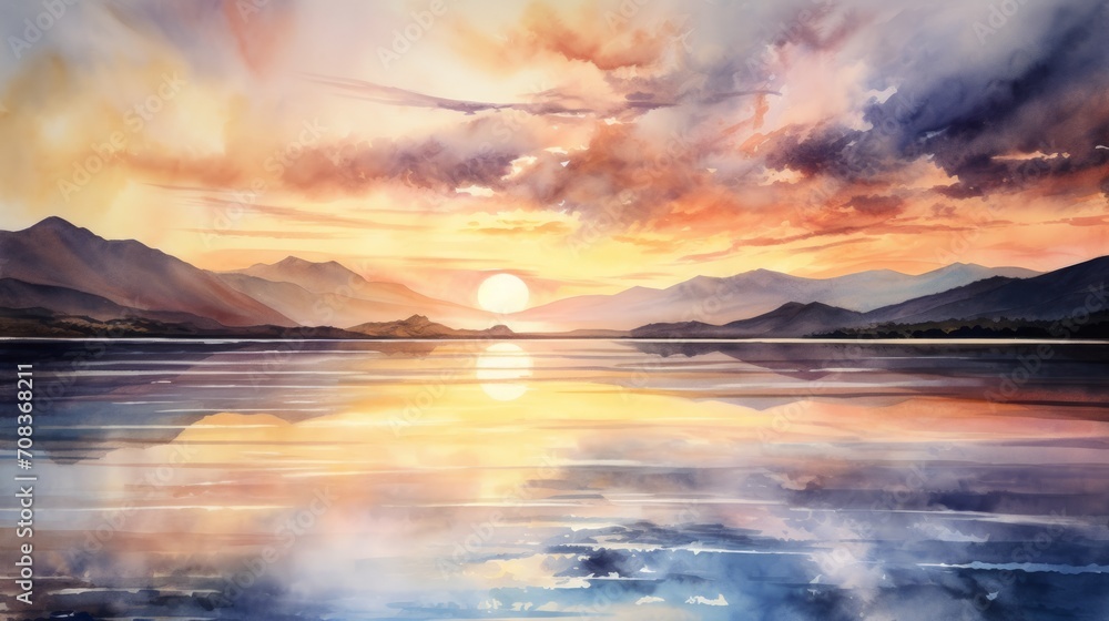 A breathtaking sunset over a calm lake with mountains in the background. Generative AI