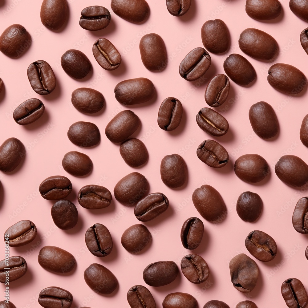 Pattern of freshly roasted coffee beans evenly spread on a pink background ideal for cafes and baristas Pattern of freshly roasted coffee beans evenly spread on a pink background ideal for cafes and baristas