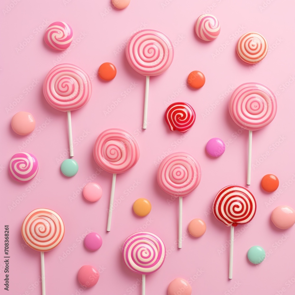 Various shades of pink swirl lollipops mixed with round candies on a matching pink background for a sweet setup