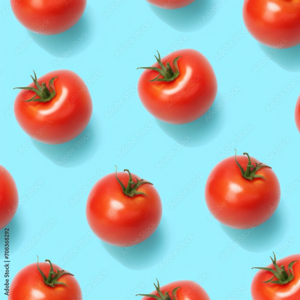 A neatly arranged collection of ripe red tomatoes on a striking turquoise background, emphasizing freshness A neatly arranged collection of ripe red tomatoes on a striking turquoise background, emphasizing freshness