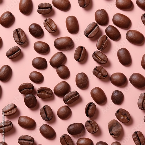 Pattern of freshly roasted coffee beans evenly spread on a pink background ideal for cafes and baristas