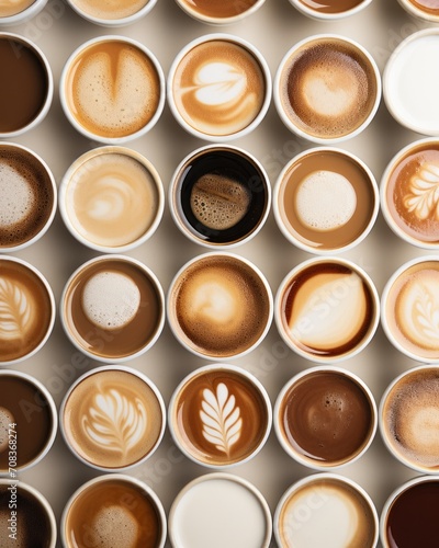 A neatly organized assortment of various coffee types viewed from above, highlighting the textures and froth art
