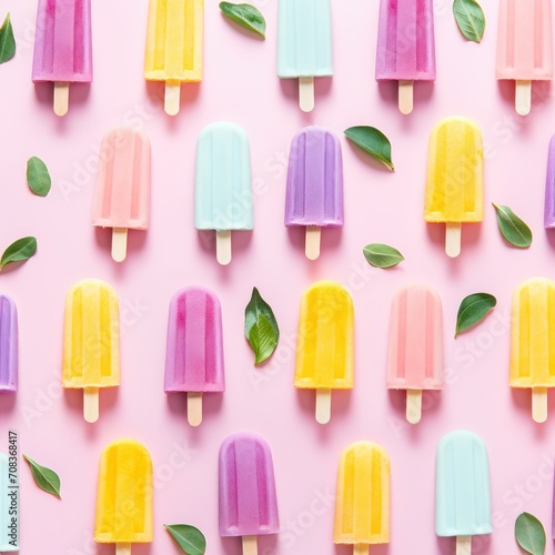 A warm collection of assorted pastel-colored popsicles arranged tidily on a pink background photo