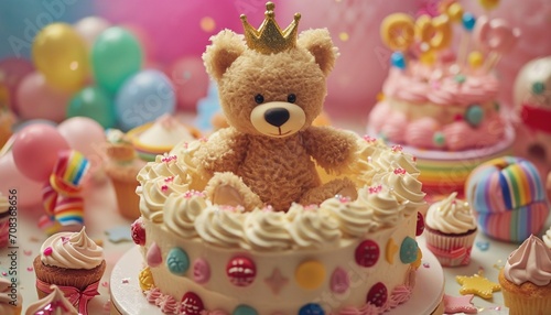 Teddy bear with a birthday crown, standing on a beautifully decorated cake, with miniature party accessories adding charm to the scene,