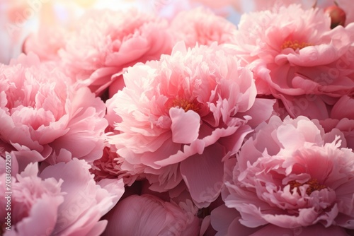 Gentle pink background of peony flowers petals macro photo, closeup view, pink floral background