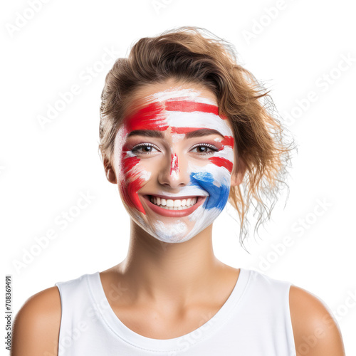 front view of a beautiful woman with her face painted with a Georgia flag colors smiling isolated on a white transparent background 