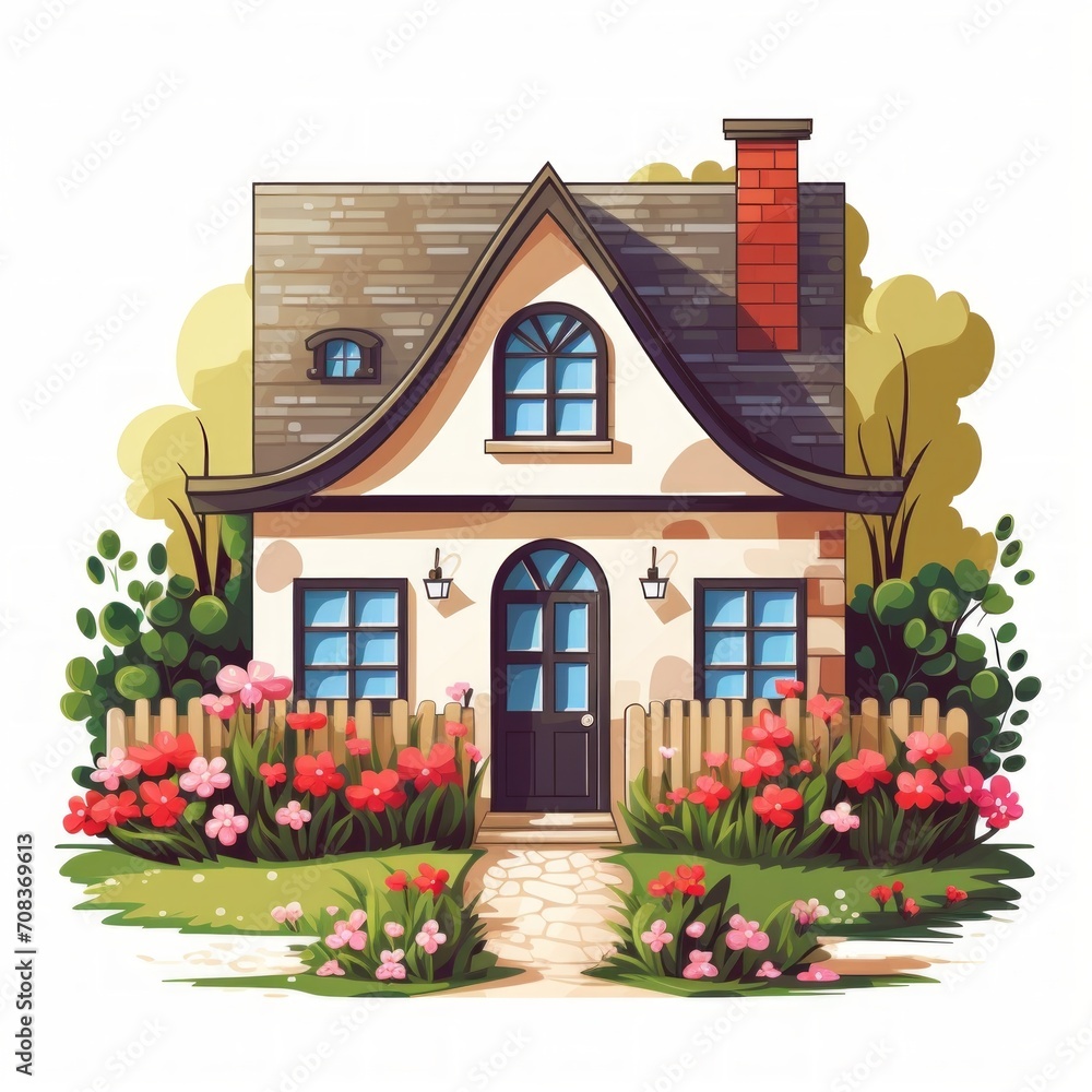 A picturesque cottage with a welcoming front porch and blooming garden beds. Generative AI