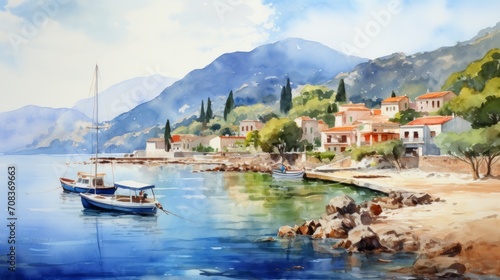 A picturesque, quaint fishing village along the coast. landscape watercolor Generative AI