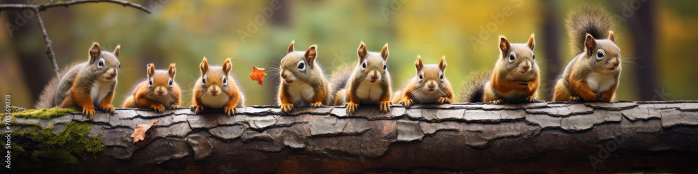 Squirrels scampering in a row along tree branches, their fluffy tails adding a dynamic element to the scene Squirrels scampering in a row along tree branches, their fluffy tails adding a dynamic element to the scene